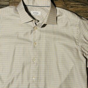 Men Eton Contemporary-Fit melange neat check cotton twill dress shirt. 17 1/2
